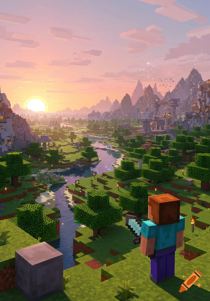 Steve looks over a blocky Minecraft valley with a river and mountains during sunset.