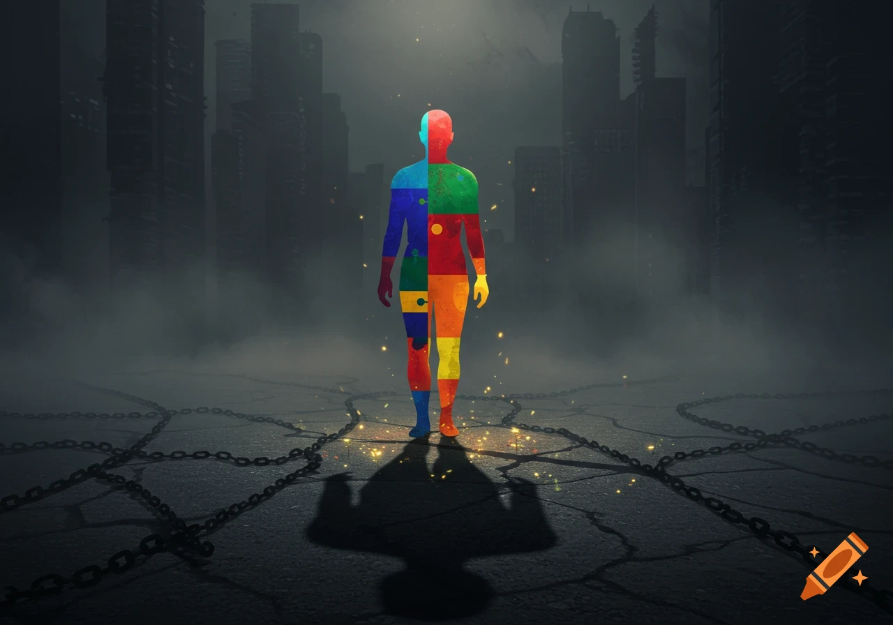 A segmented, multi-colored human silhouette stands in a desolate, foggy city with chains, under a spotlight. Digital art.