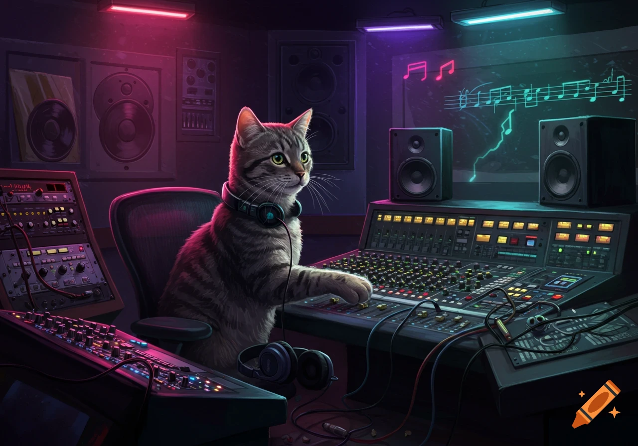A tabby cat wearing headphones sits at a large mixing console in a neon-lit music studio, touching the faders.