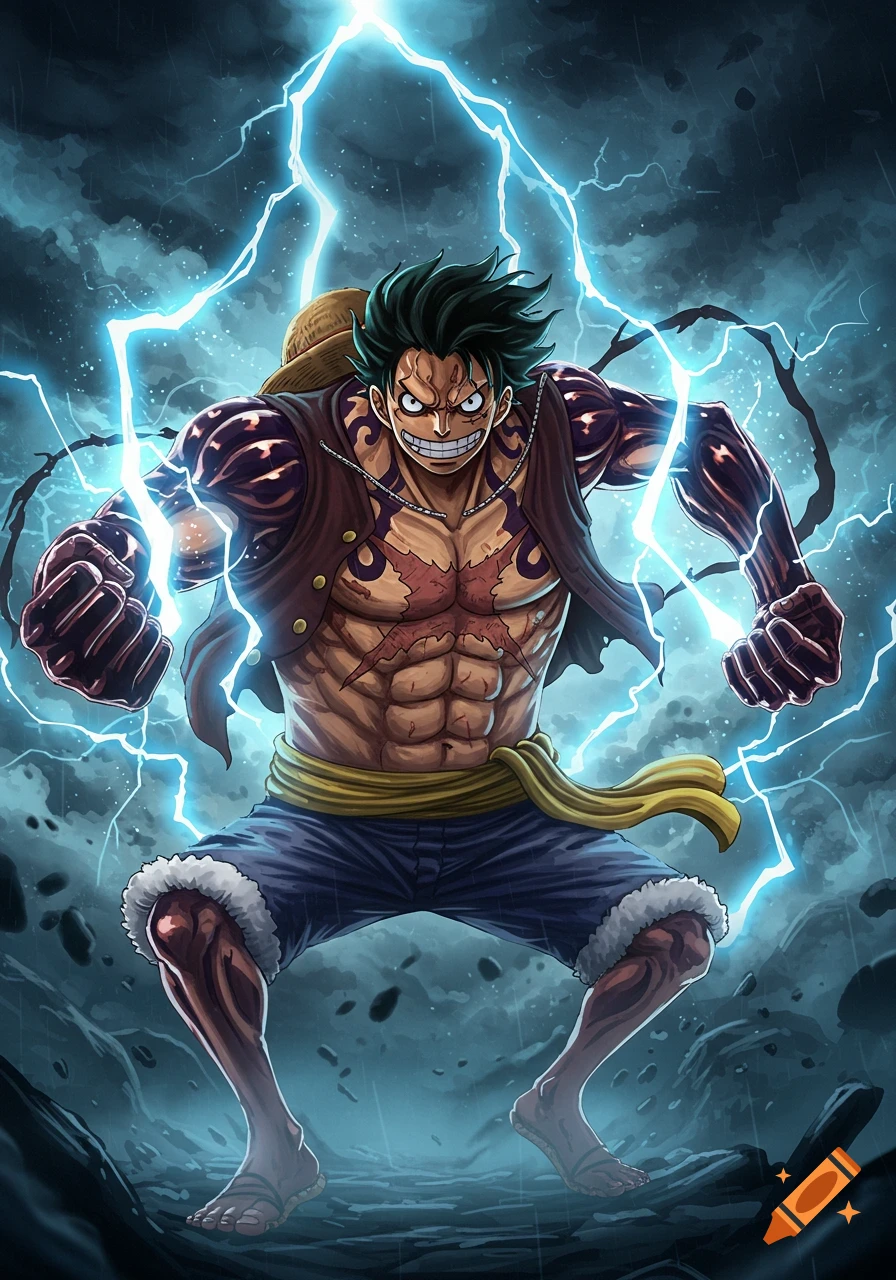 Anime character Luffy in Gear Five, surrounded by lightning, with a powerful expression.