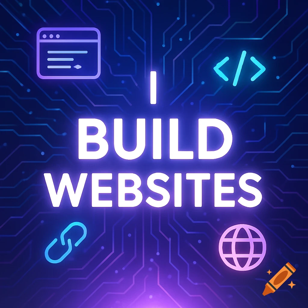 A glowing graphic on a circuit board background with web icons says 'I BUILD WEBSITES'.