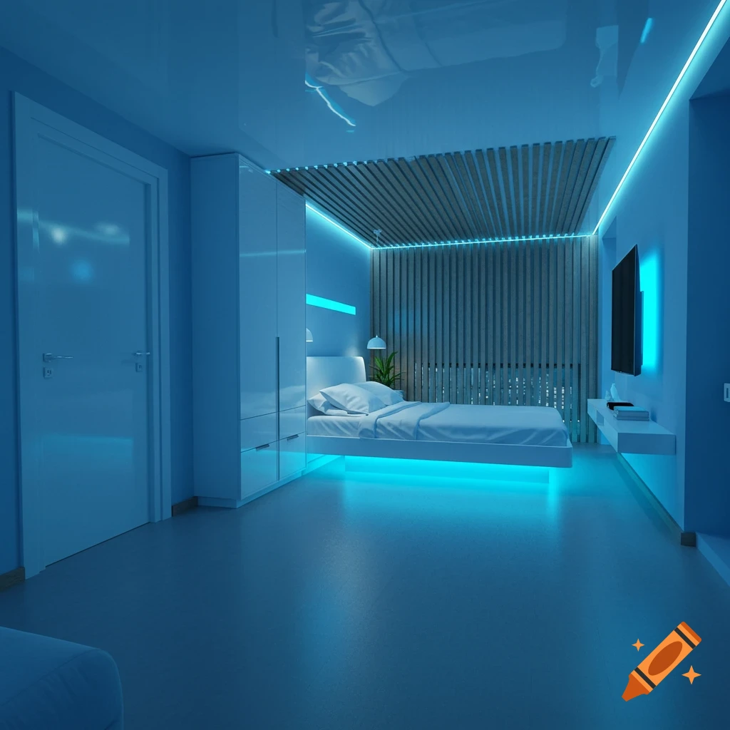 A modern bedroom with a floating bed and blue LED strip lighting. The room features a wardrobe, TV, and wooden slats on the wall above the bed.