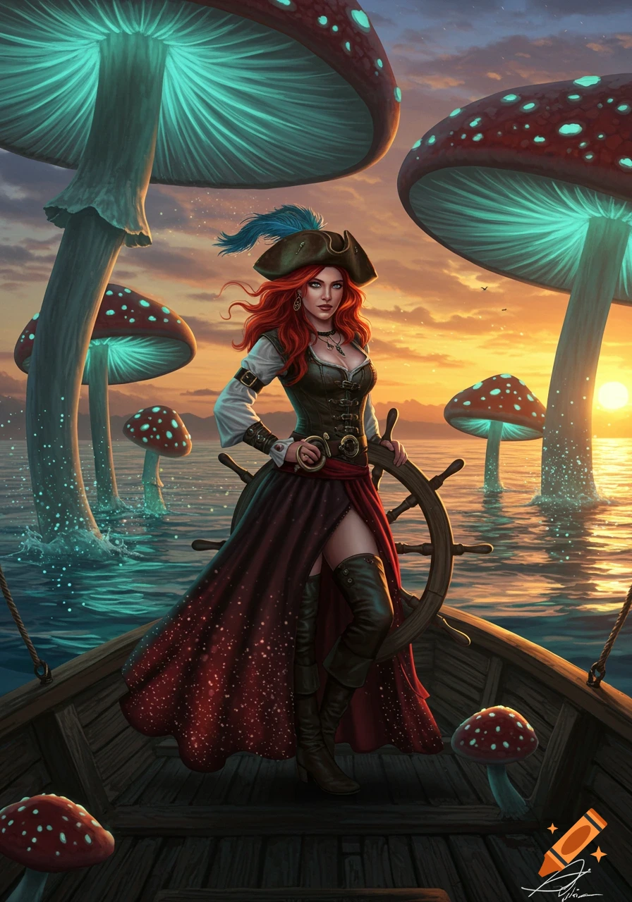 A red-haired pirate woman stands on a boat at sunset amidst giant glowing mushrooms, holding a ship's wheel. Digital fantasy art.