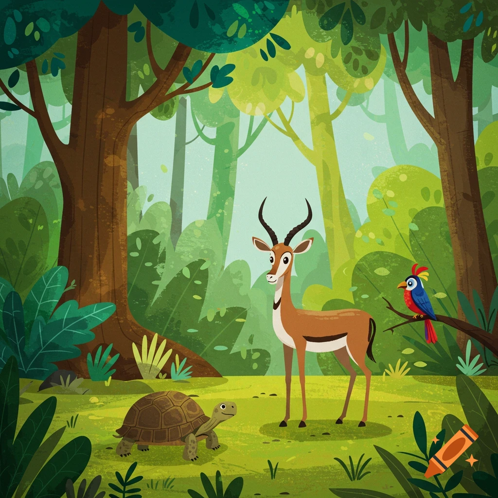 A cartoon gazelle, turtle, and colorful bird in a vibrant, lush green forest with stylized trees.