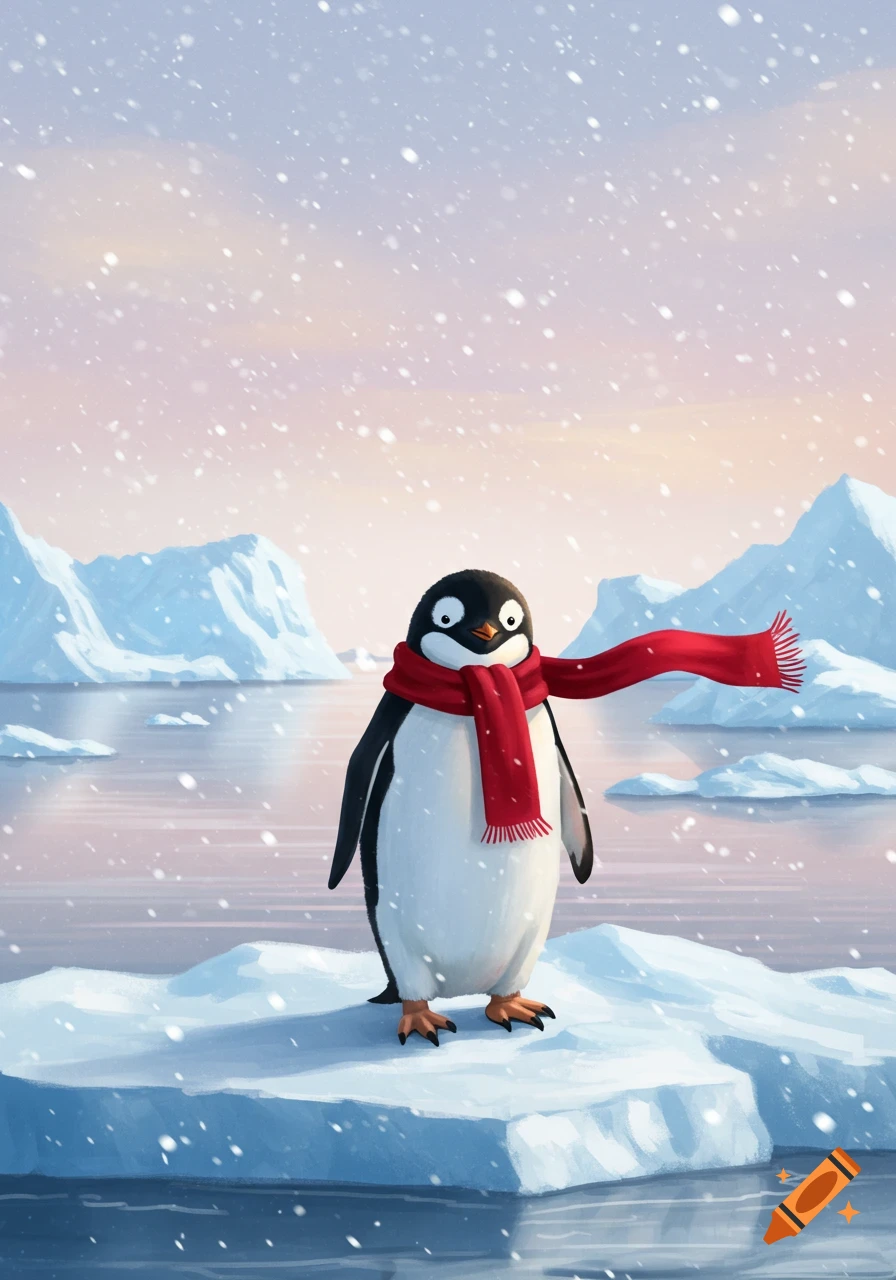 A cute cartoon penguin with wide eyes and a red scarf stands on an ice floe in a snowy arctic landscape.