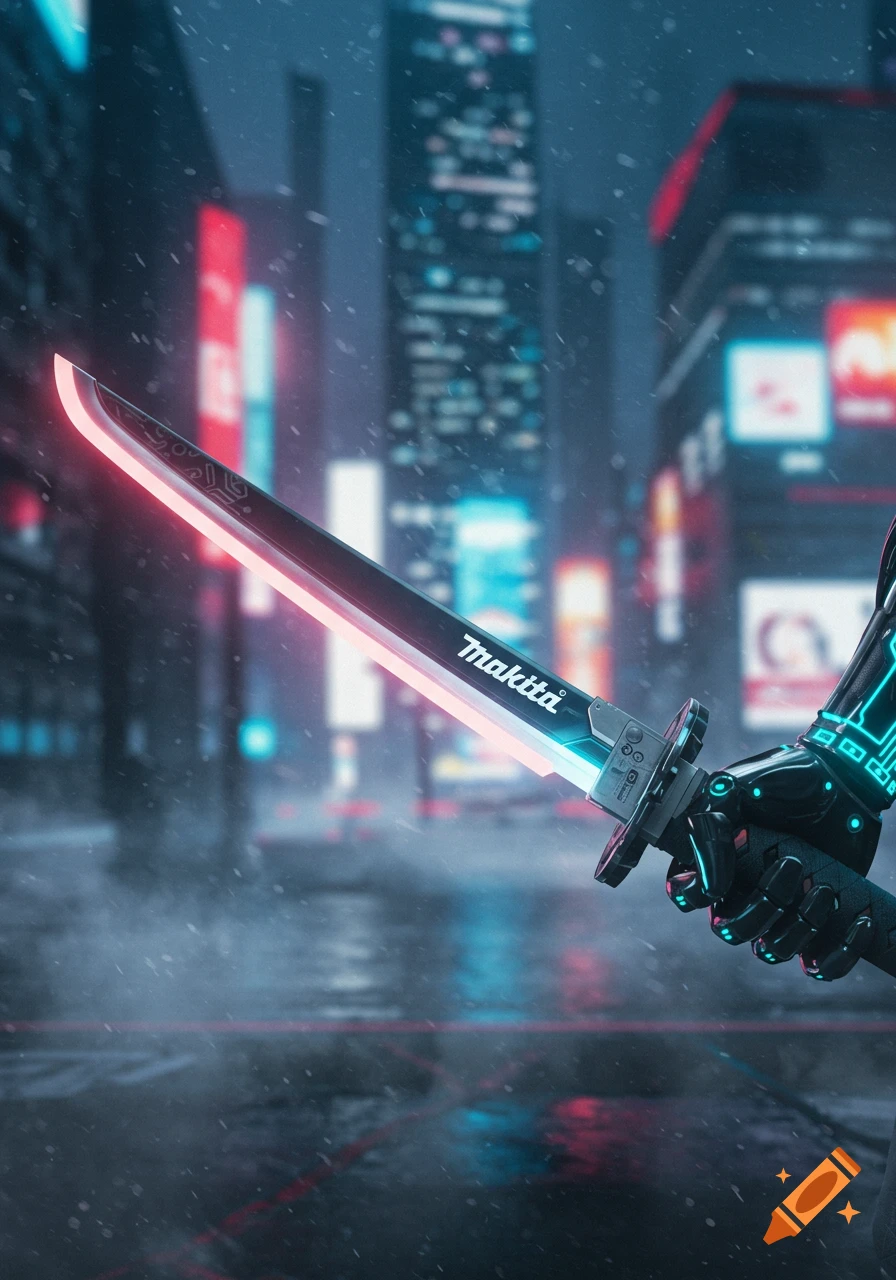 A cybernetic hand holds a glowing katana blade marked 'Makita' in a rainy, neon-lit cyberpunk city.