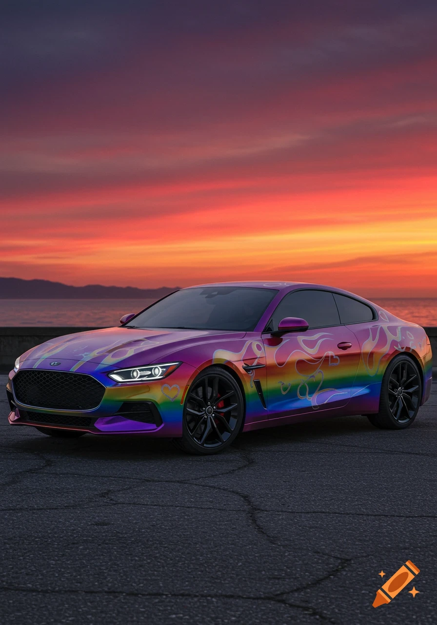 A vibrant rainbow-wrapped sports car with flame patterns parked by the ocean at a colorful sunset.