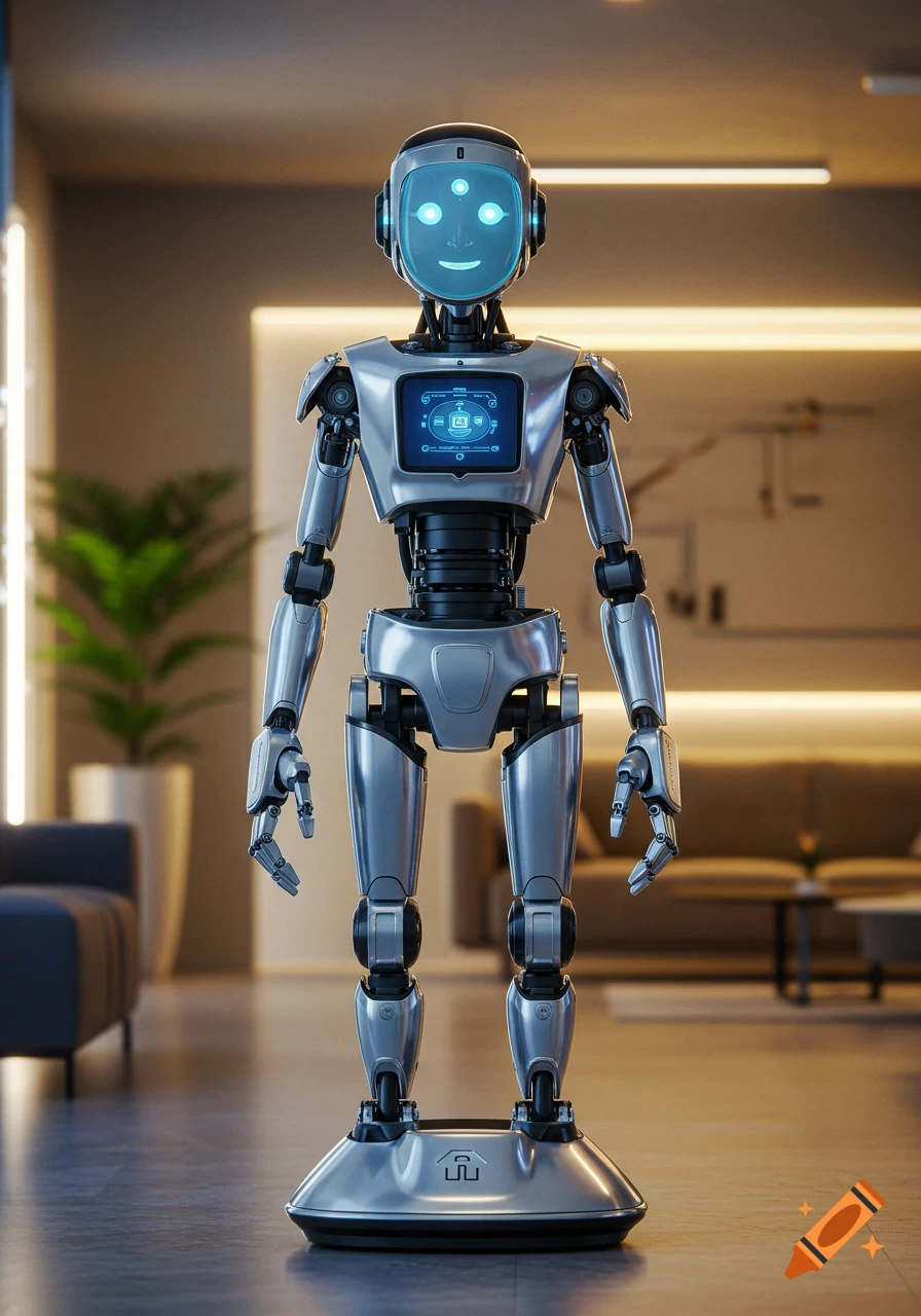 Photorealistic image of a metallic humanoid robot with a glowing blue face screen standing in a modern living room.