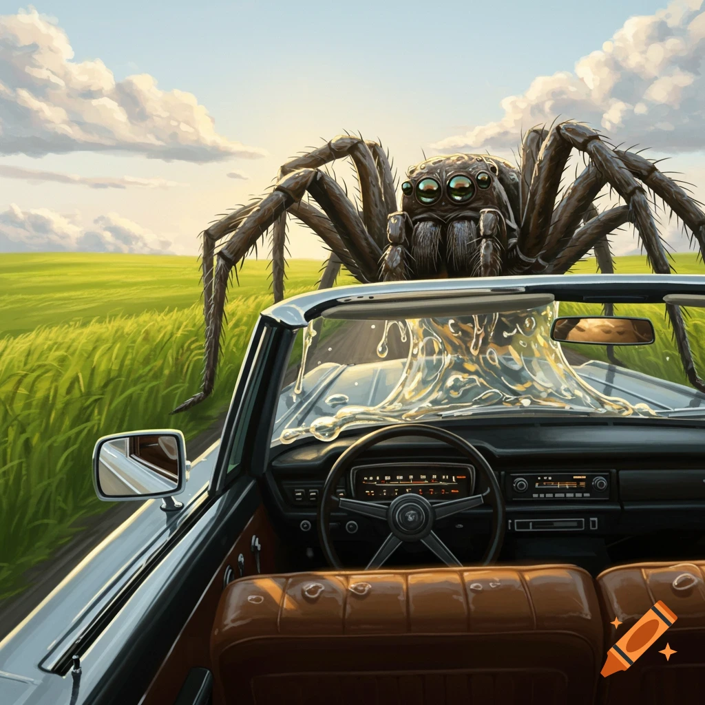 A giant spider sits on the windshield of a convertible car, covering it in slime, driving down a road through green grass hills under a cloudy sky.