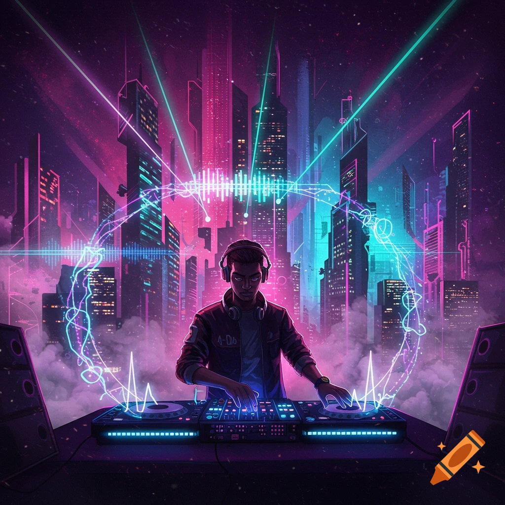 A DJ with headphones in a neon-lit futuristic city, mixing on a console with vibrant light beams and sound wave graphics surrounding him.