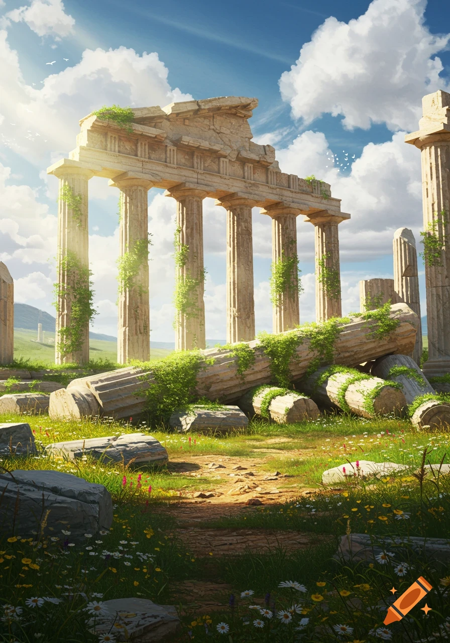 Sunlit ancient Greek temple ruins with towering columns, fallen stones overgrown with vines, in a grassy field under a blue sky.