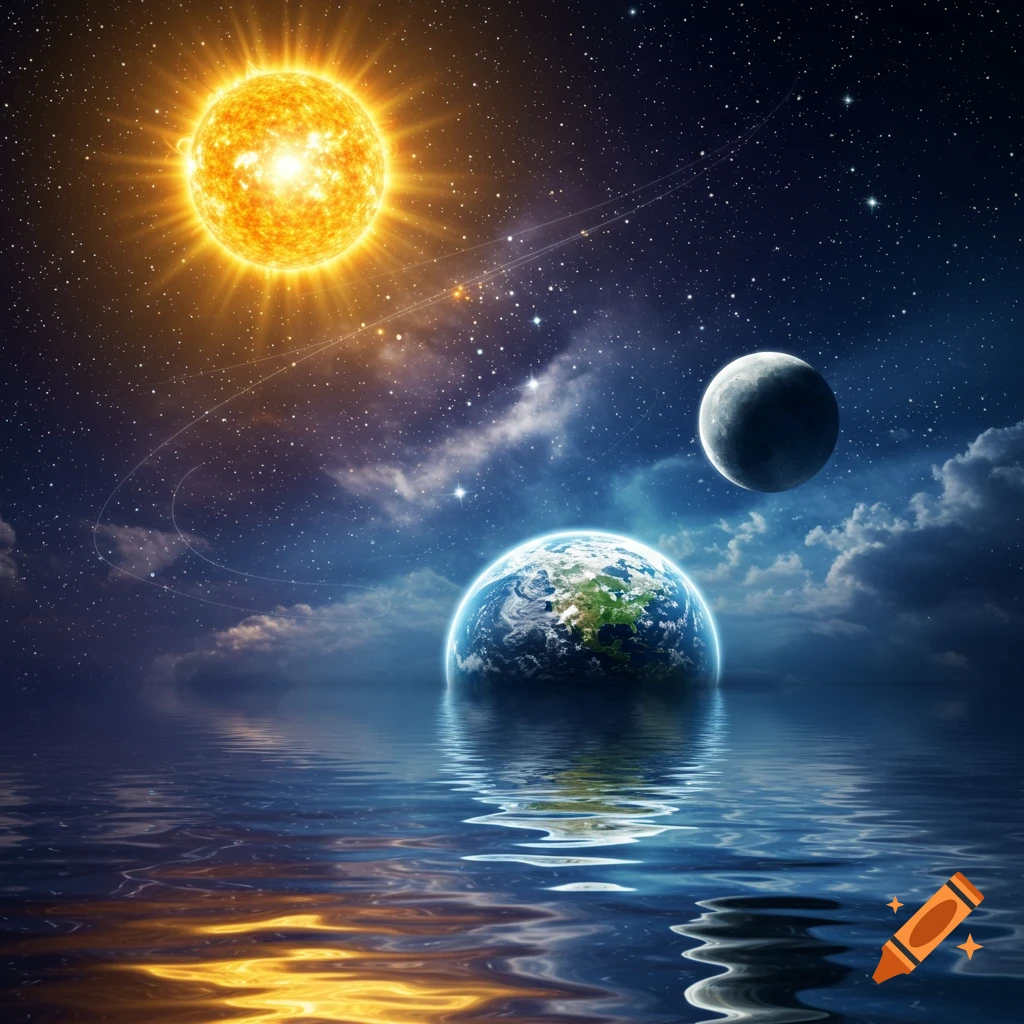 A vibrant cosmic scene with a glowing sun, Earth, and moon over a reflective body of water under a star-filled sky.