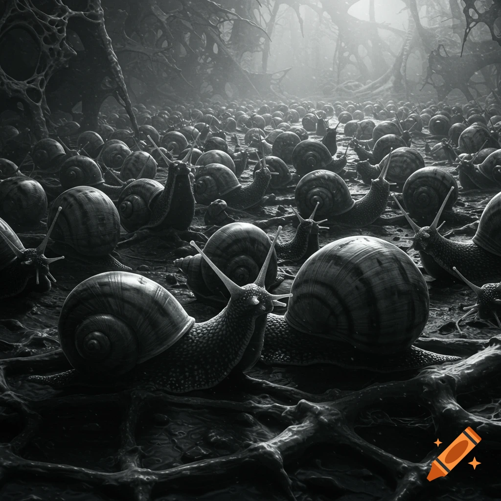 A vast swarm of snails crawling across a dark, organic, Giger-esque landscape in black and white, photorealistic.