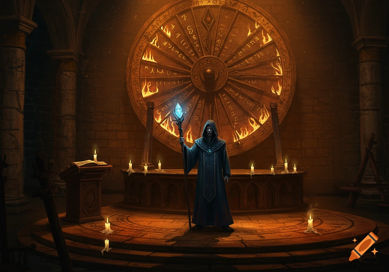 A robed wizard holding a glowing staff stands before a large, flaming runic wheel in a dimly lit stone chamber, surrounded by candles.