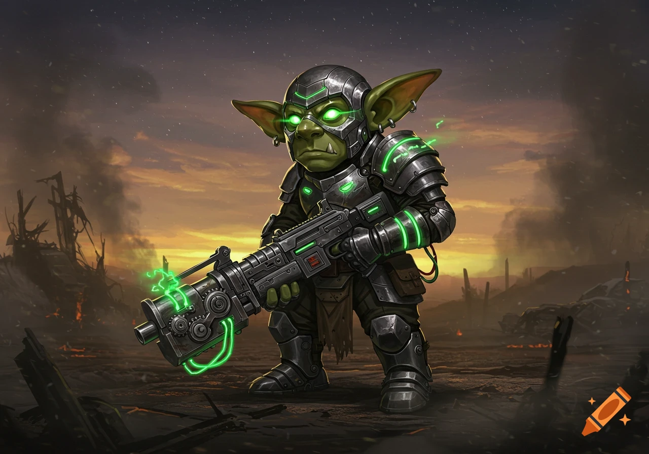 A futuristic goblin soldier in glowing green armor holds a large rifle in a desolate, war-torn landscape at sunset.