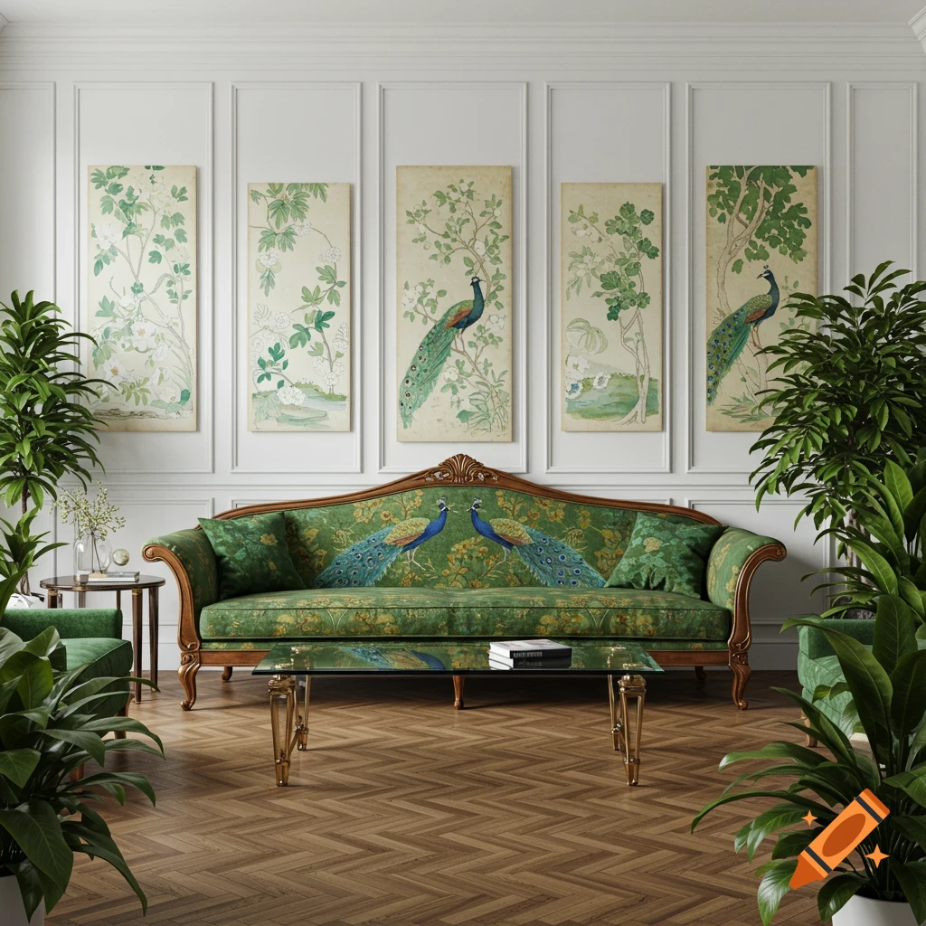 A photorealistic Art Nouveau living room with a green velvet sofa featuring peacock motifs, a glass coffee table, and botanical art panels on white walls. Potted plants adorn the space, and warm wooden herringbone flooring covers the floor.