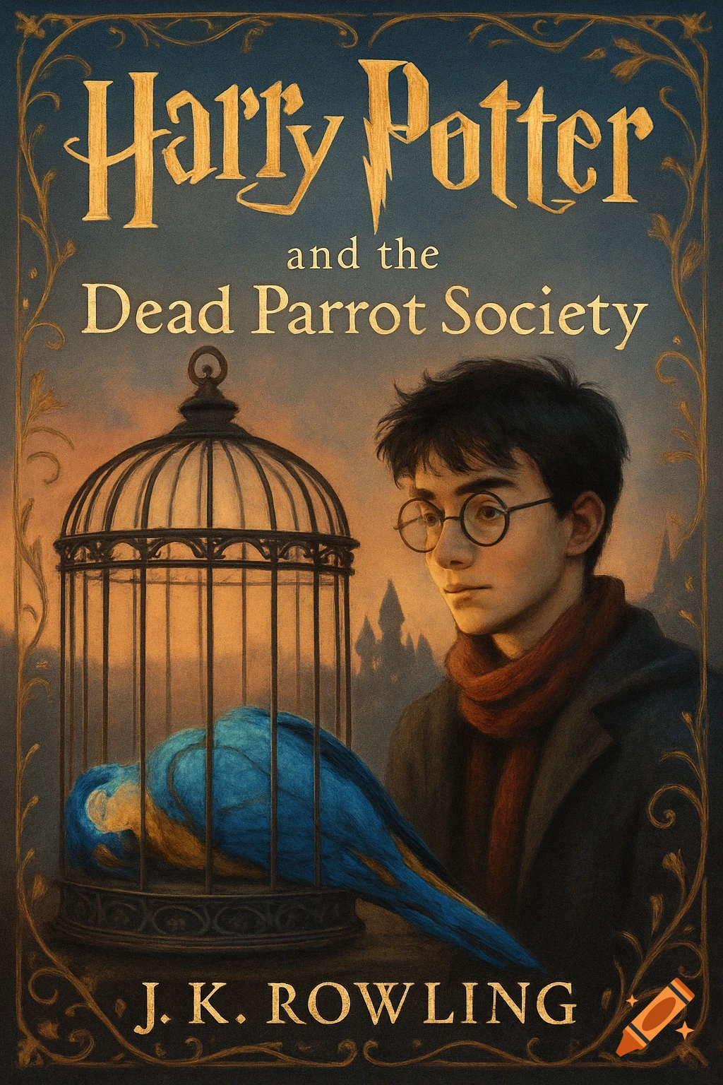 Illustrated book cover of Harry Potter looking at a dead blue parrot in a cage, titled "Harry Potter and the Dead Parrot Society".