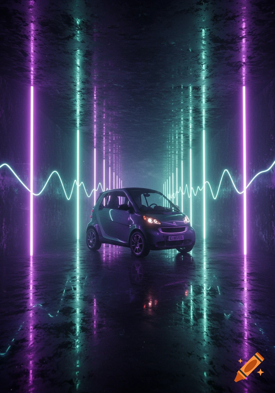 A Smart Fortwo car parked in a dark, reflective tunnel illuminated by vertical purple and teal neon lights and a horizontal wavy teal line.