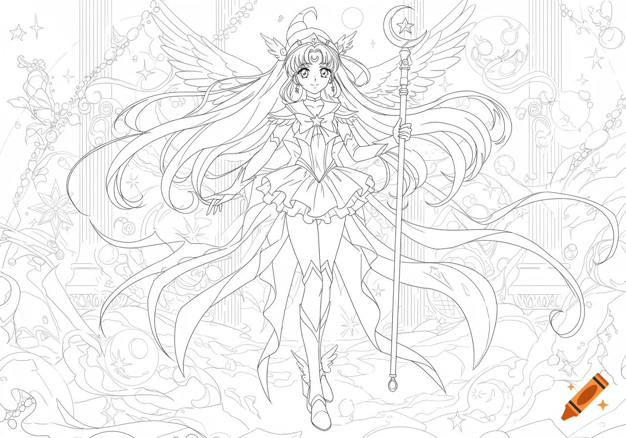 Line art drawing of an anime magical girl with wings, flowing hair, and a staff, standing against a decorative, starry background.