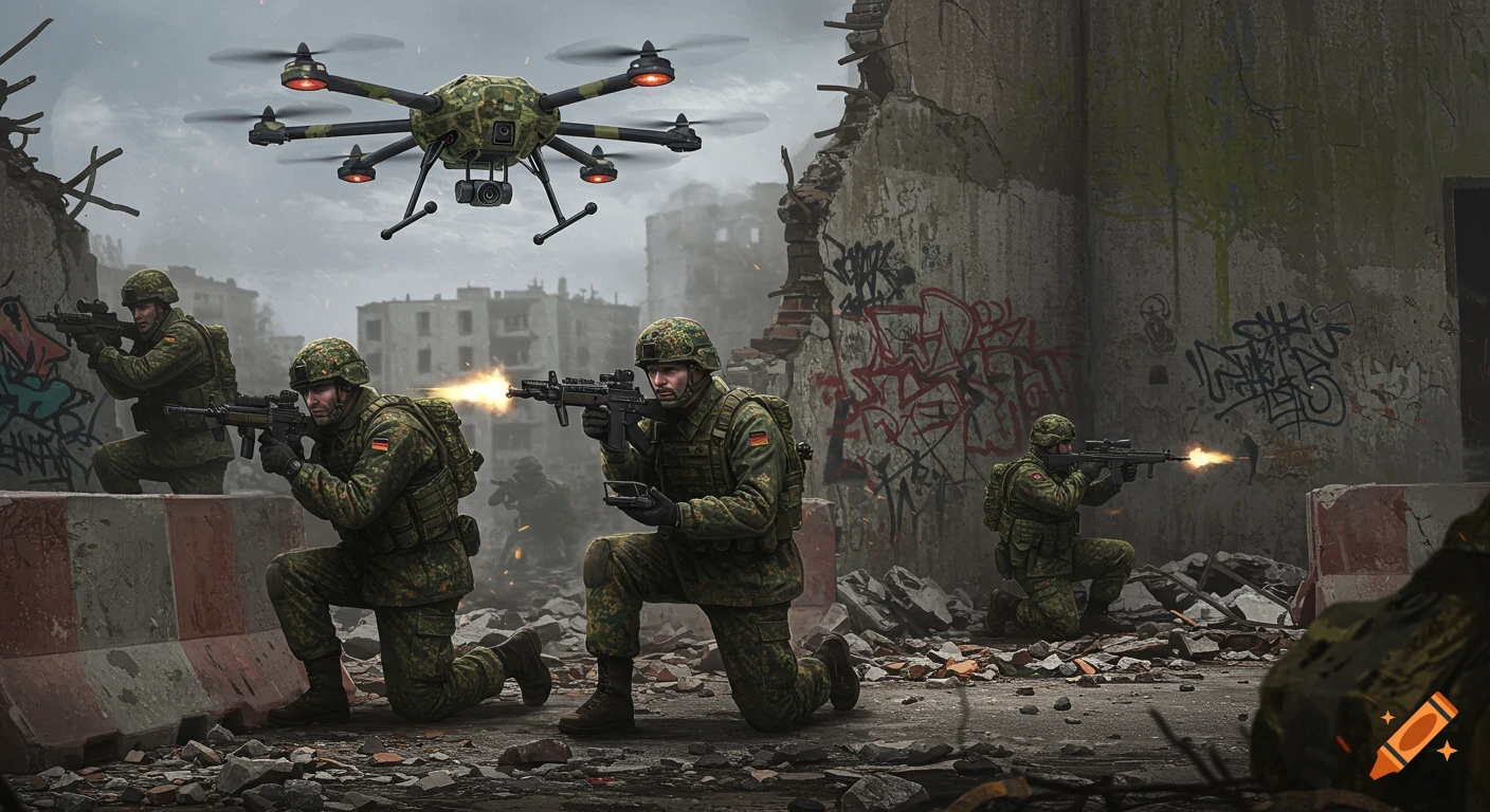 Four German soldiers in camouflage gear operate a drone and return fire in a destroyed urban combat zone.