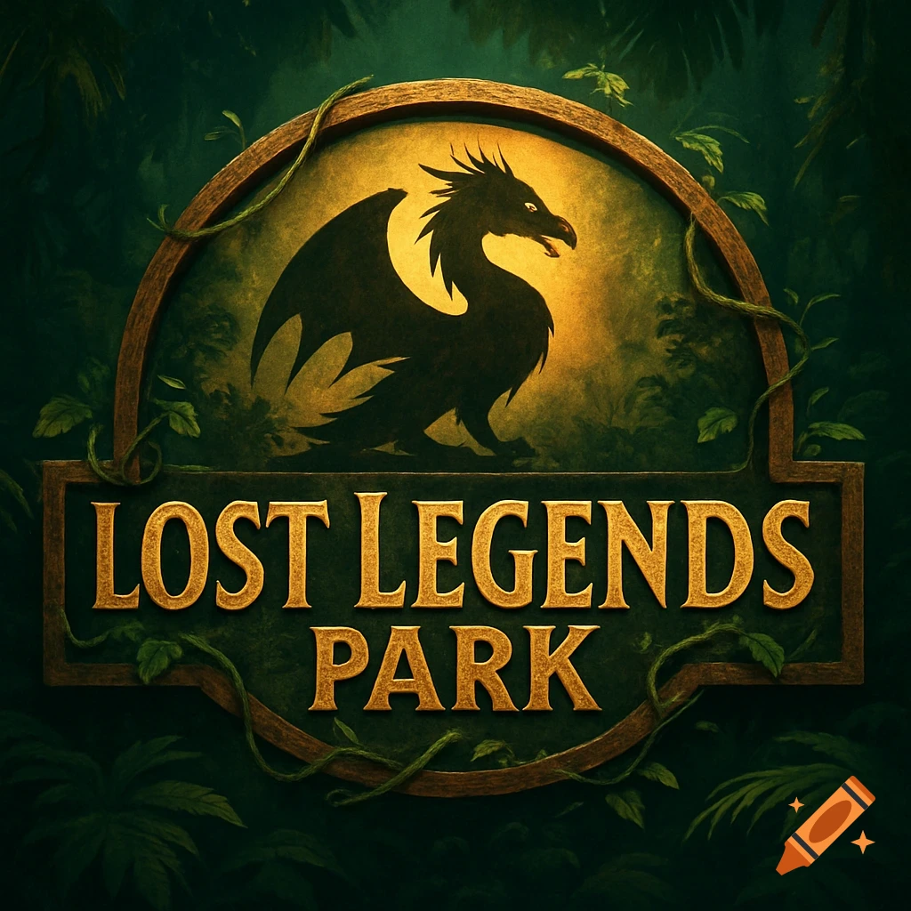 A stylized logo with a black dragon silhouette against a golden, textured background, framed by wooden border and vines. The text "LOST LEGENDS PARK" is below, all set against a dark jungle backdrop.
