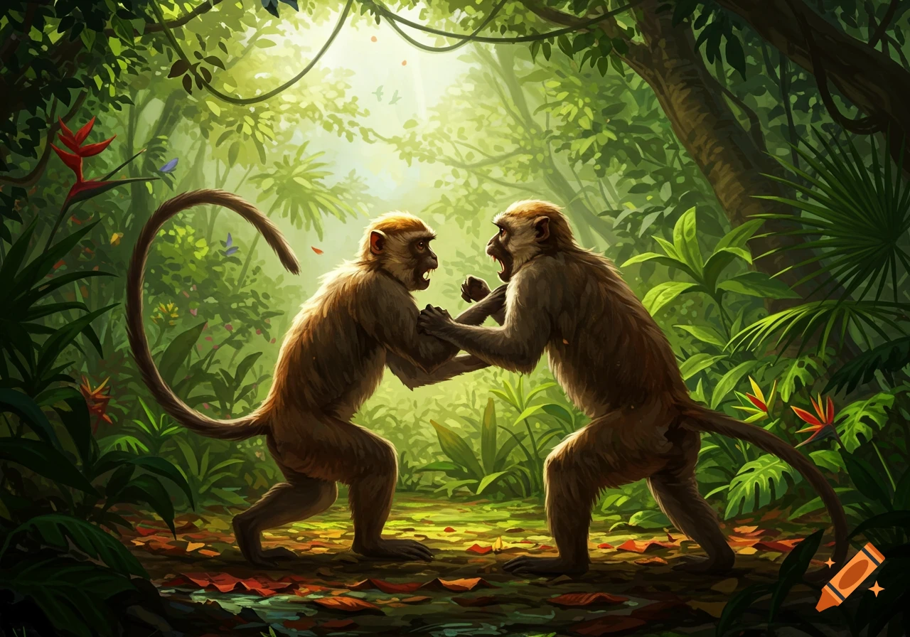 Two angry monkeys confront each other in a vibrant, sun-drenched jungle, digital painting.