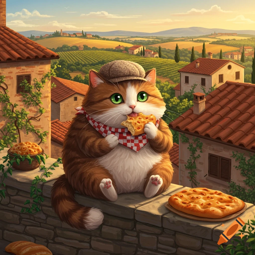 A fluffy orange and white cat in a cap and bandana eats focaccia on a stone wall overlooking an Italian vineyard.