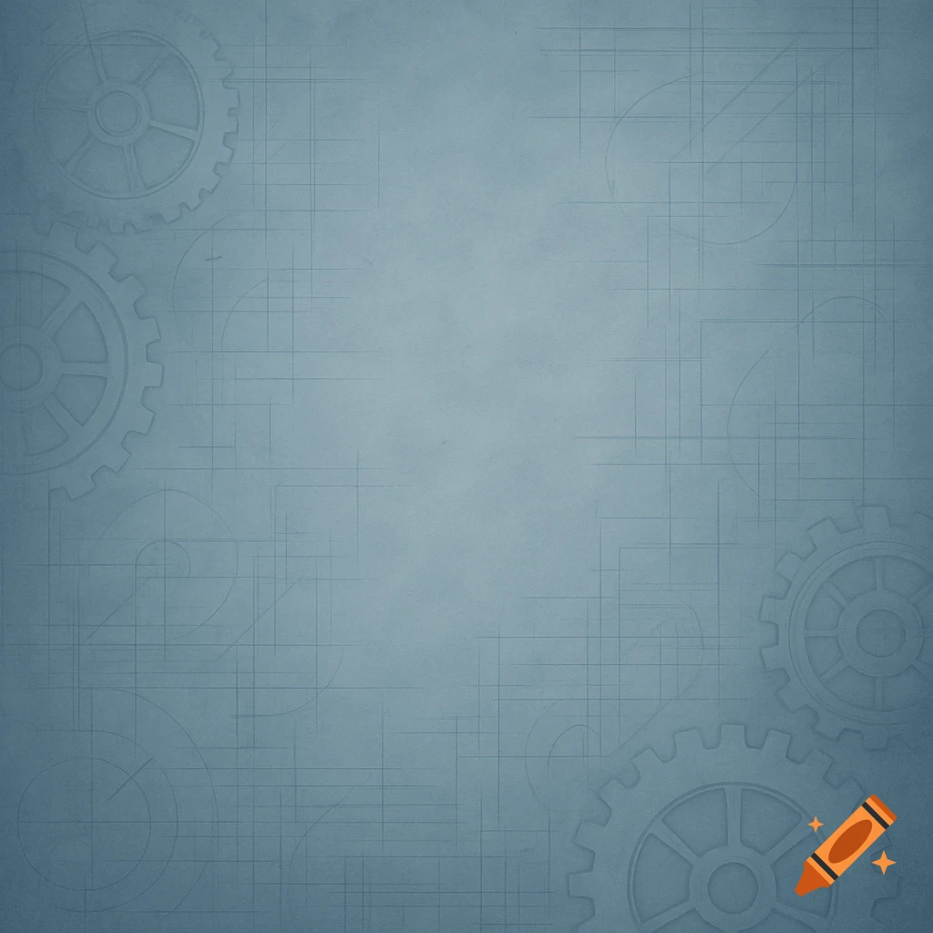 Muted blue background with faint gear outlines and blueprint lines.