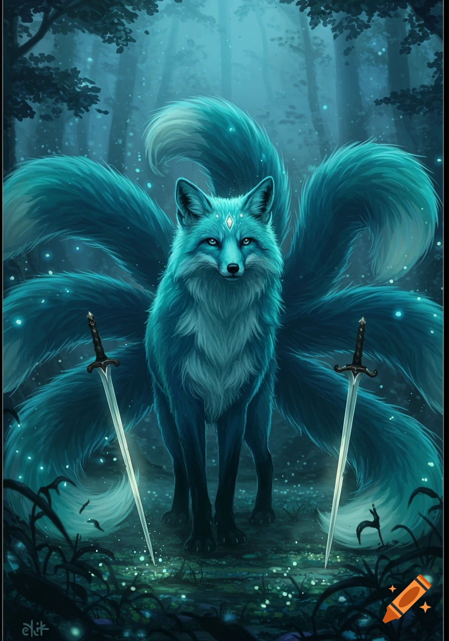 A majestic blue-green nine-tailed fox stands in a mystical forest, flanked by two glowing swords, with magical particles floating around.