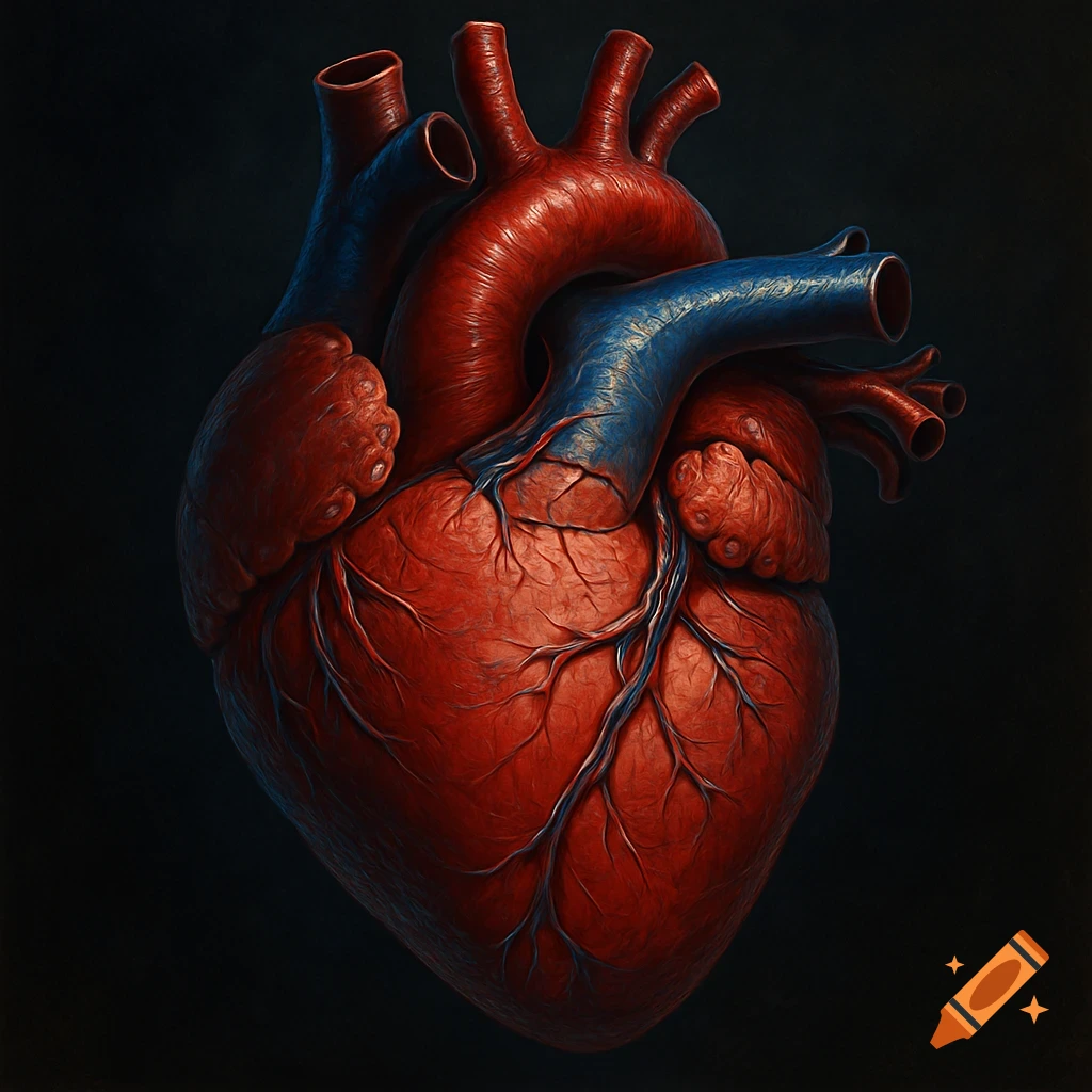 A detailed, realistic human heart with red and blue vessels against a dark background.