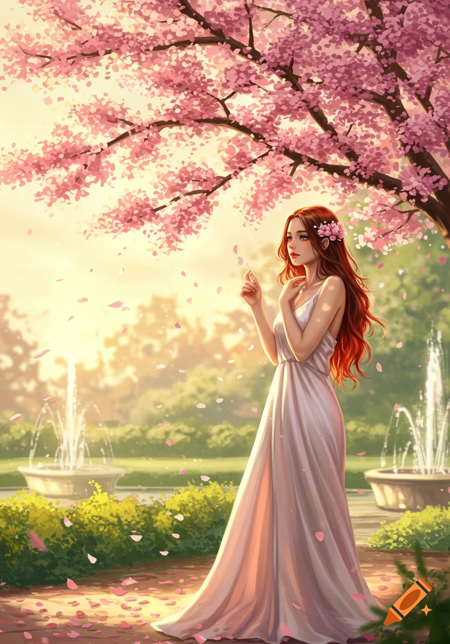 A woman with long red hair and a white dress stands in a blossoming cherry tree garden with fountains, in a digital art style.