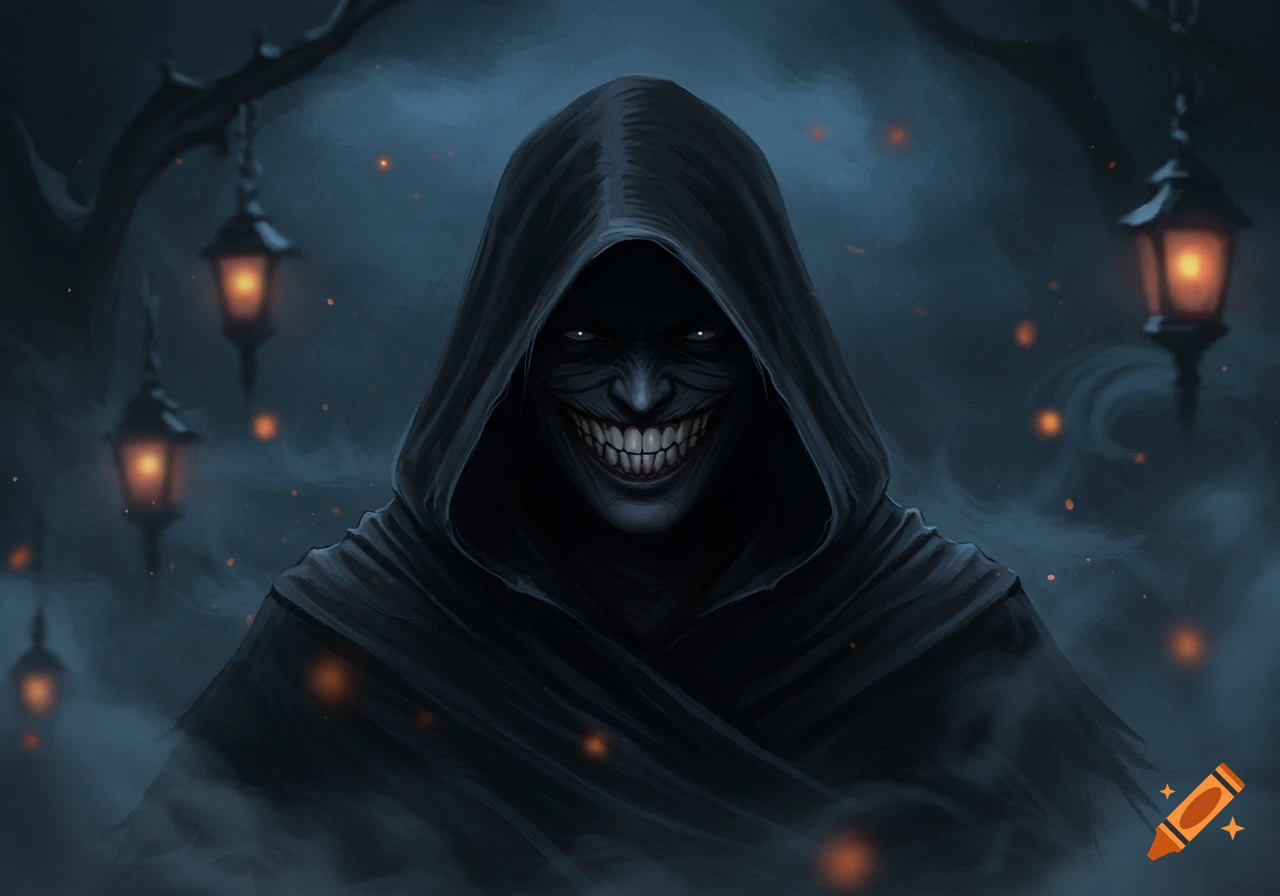 A dark cloaked figure with glowing eyes and a wide, unsettling, toothy grin emerges from the mist, illuminated by lanterns.
