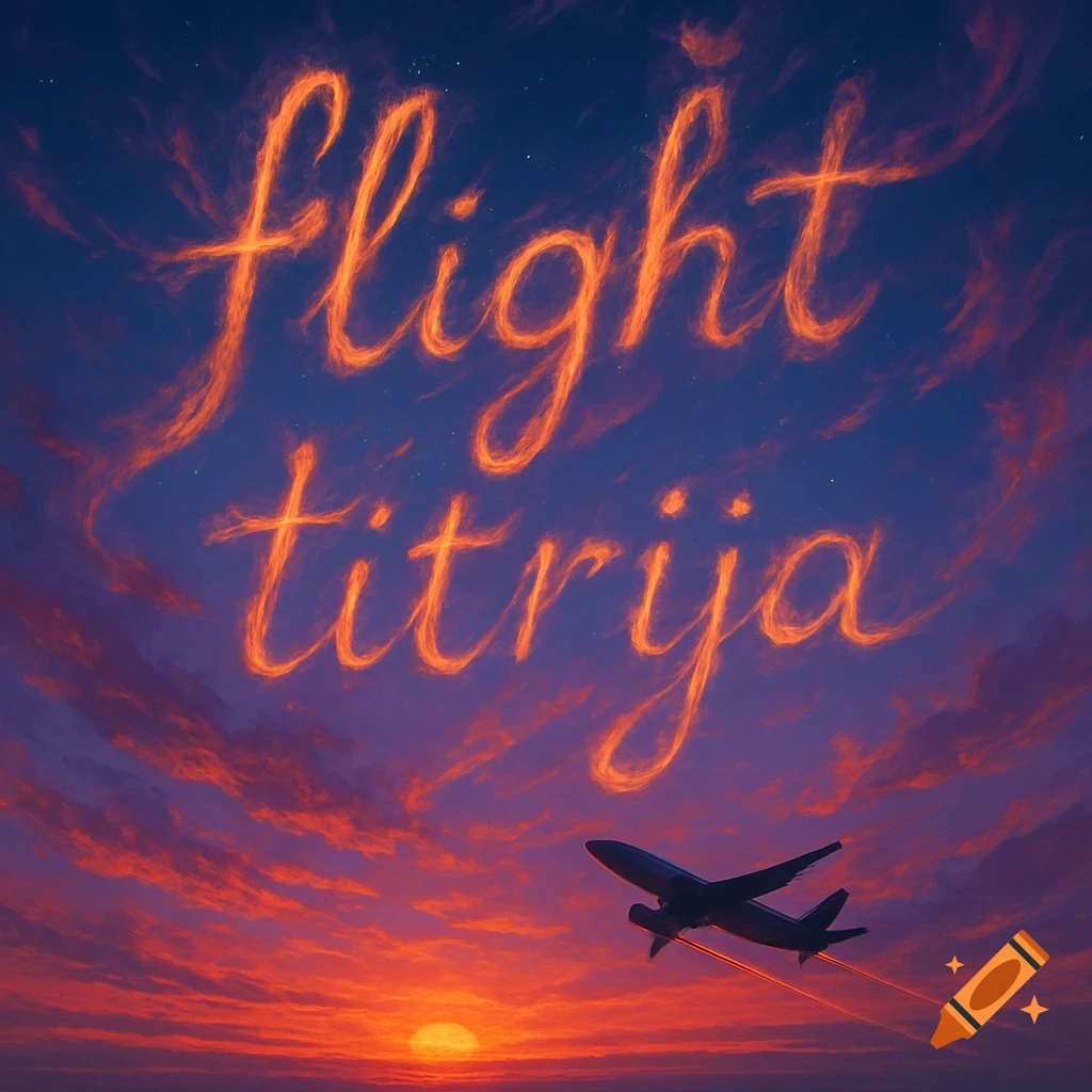 A silhouetted airplane flies into a vibrant orange and purple sunset sky, with the words "flight" and "titrija" written in fiery clouds.