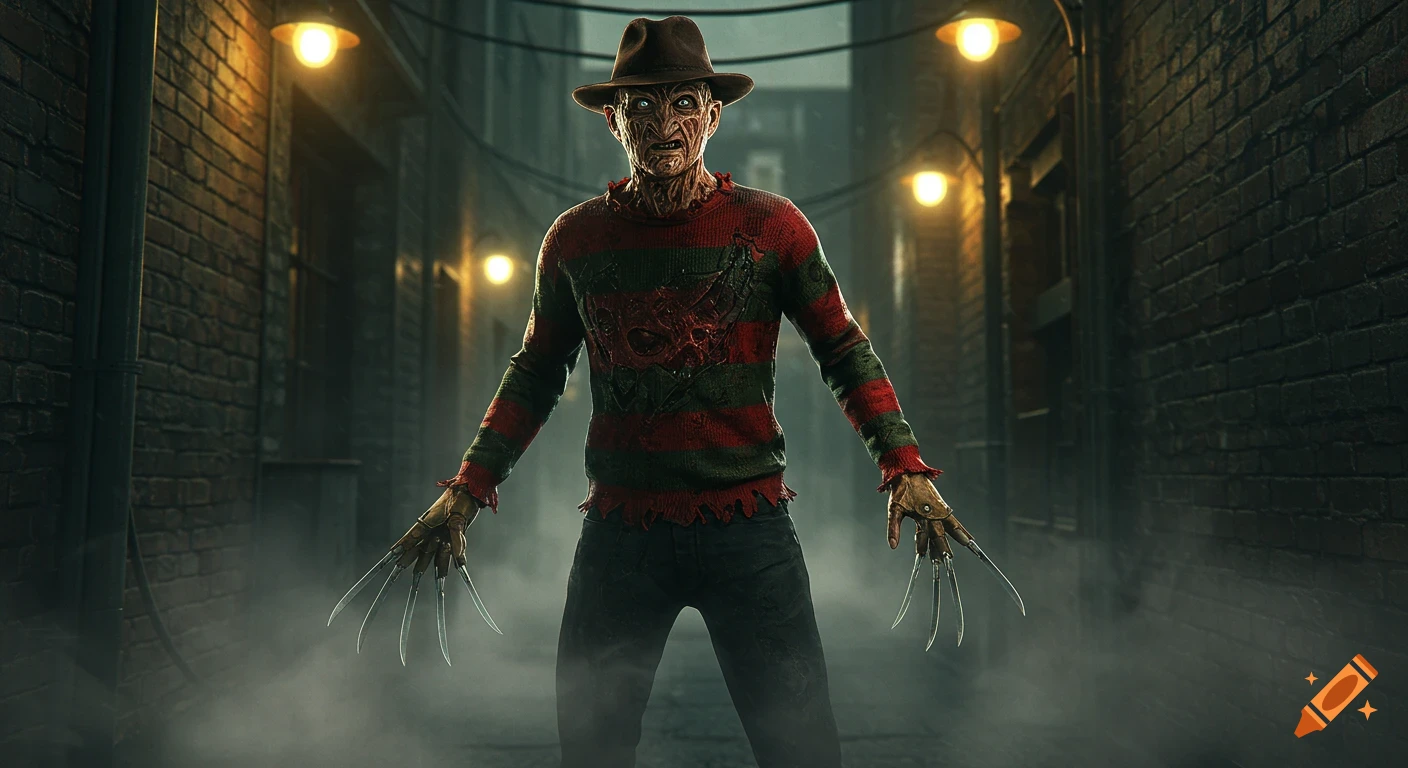 Photorealistic Freddy Krueger with a disfigured face, striped sweater, fedora, and bladed gloves, in a foggy alleyway.