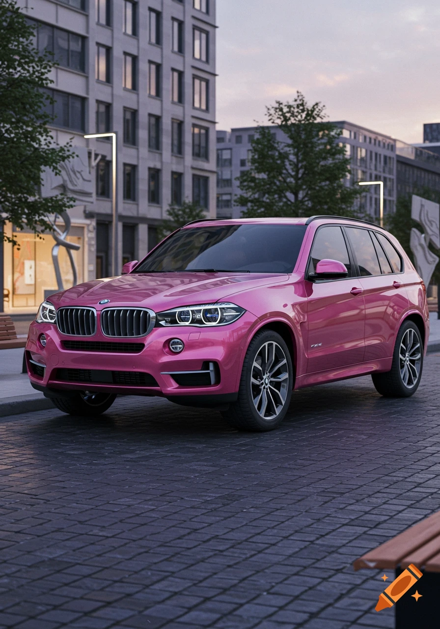 Photorealistic pink BMW X5 SUV parked on a cobblestone street in a modern city setting.