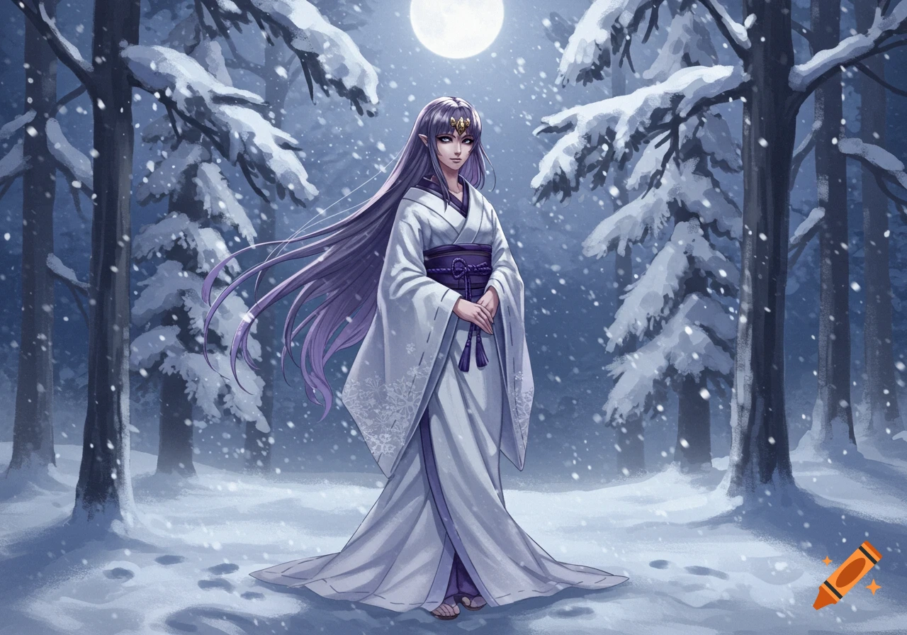 A beautiful anime woman with long purple hair and elf ears, wearing a white kimono, stands in a snowy forest under a full moon.