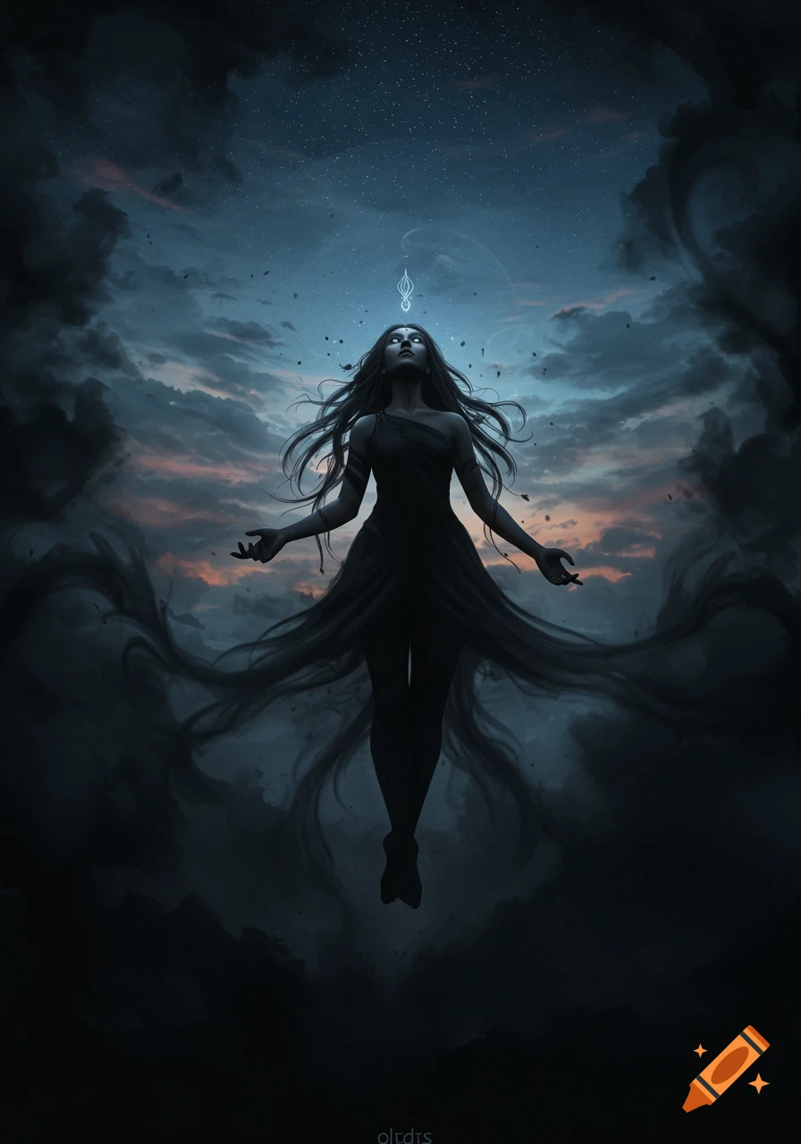 A dark-haired woman in a flowing black dress floats under a starry sky, arms outstretched, looking up at a glowing symbol.