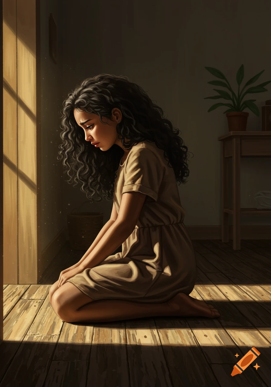 Digital art of a sad girl with curly black hair kneeling on a wooden floor, lit by a window.