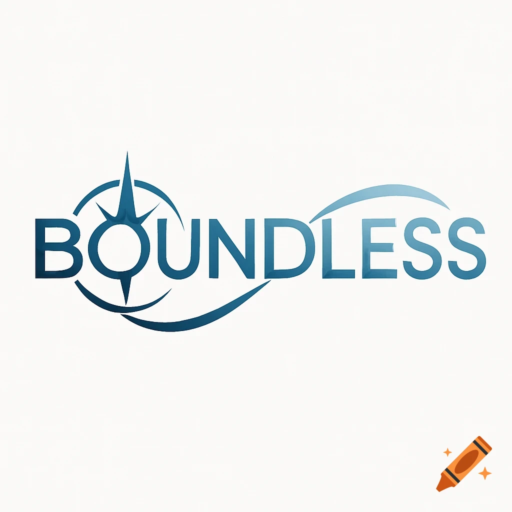Blue and white logo for 'Boundless' featuring a compass symbol integrated into the letter 'O' and curved lines.
