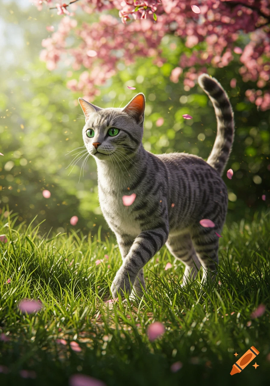 A photorealistic gray tabby cat with green eyes walks through sunlit green grass with falling pink cherry blossom petals.