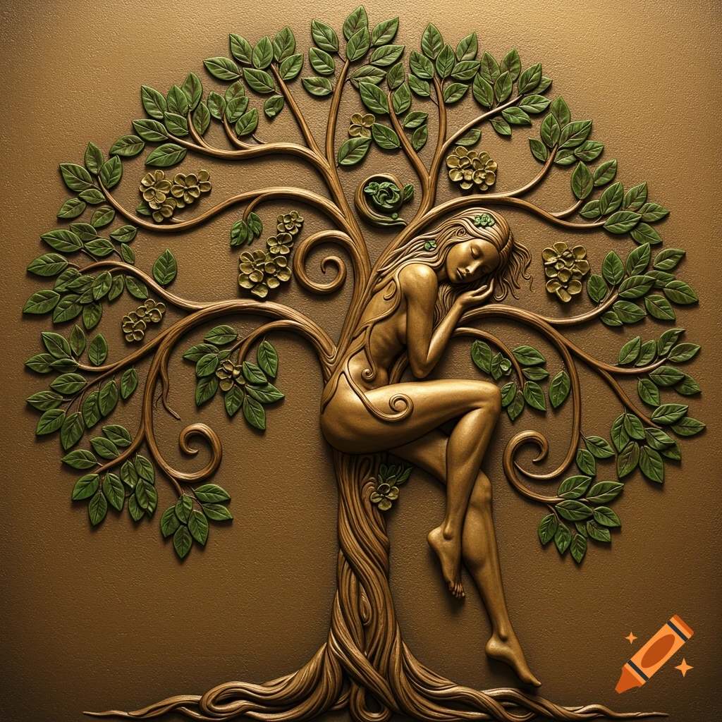 Artistic bronze relief carving of a serene woman resting within the branches and trunk of a tree with green leaves.