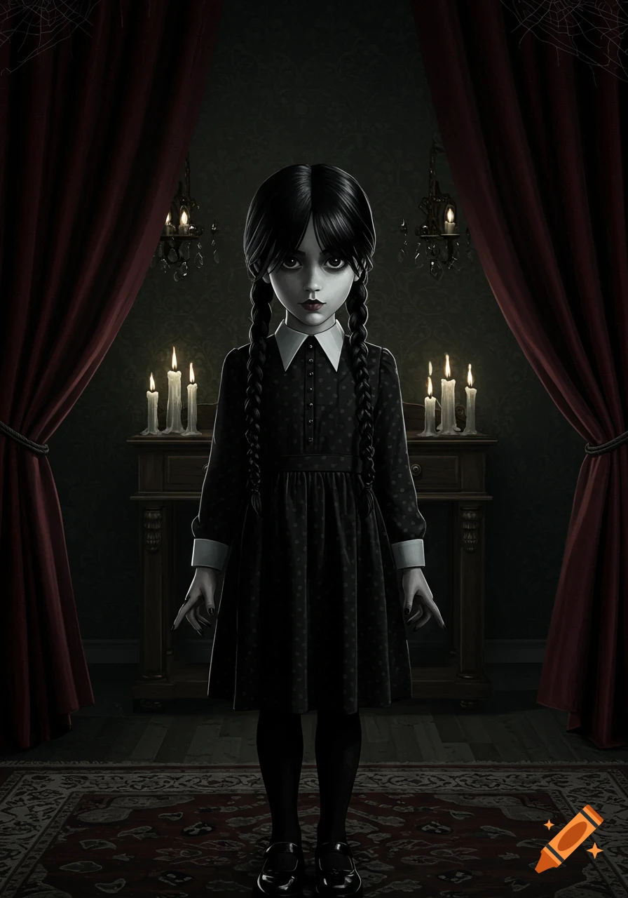 A stylized illustration of a girl resembling Wednesday Addams, with black pigtails and a dark dress, standing in a dimly lit, gothic room with candles and red curtains.