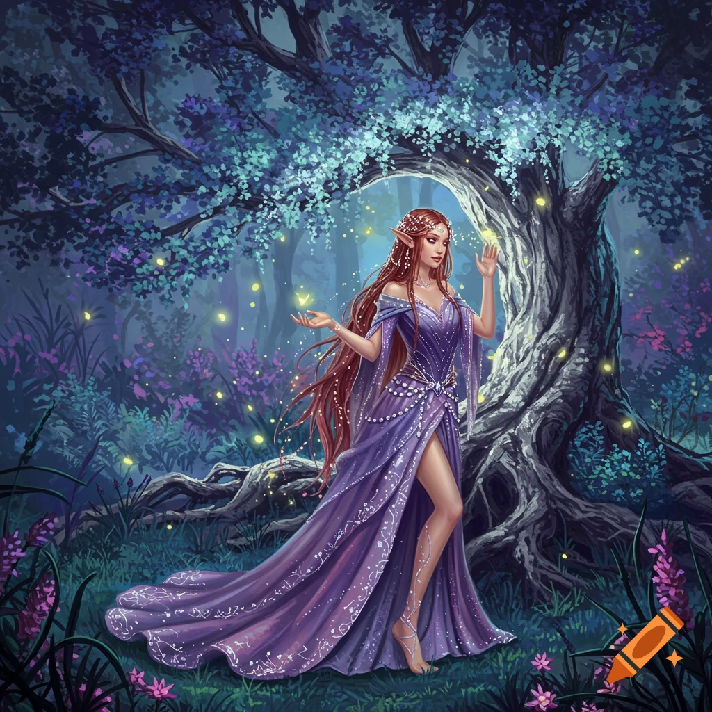 A beautiful red-haired elf in a flowing purple dress stands in an enchanted forest, surrounded by glowing fireflies, in a semi-realistic fantasy style.