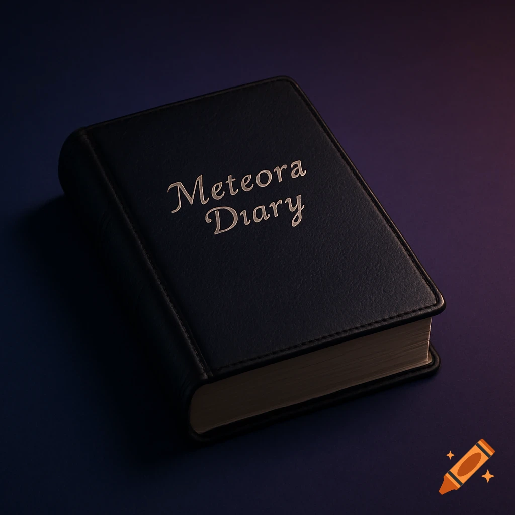 A dark blue leather-bound diary with 'Meteora Diary' embossed on the cover, resting on a dark blue to purple gradient background with subtle lighting.