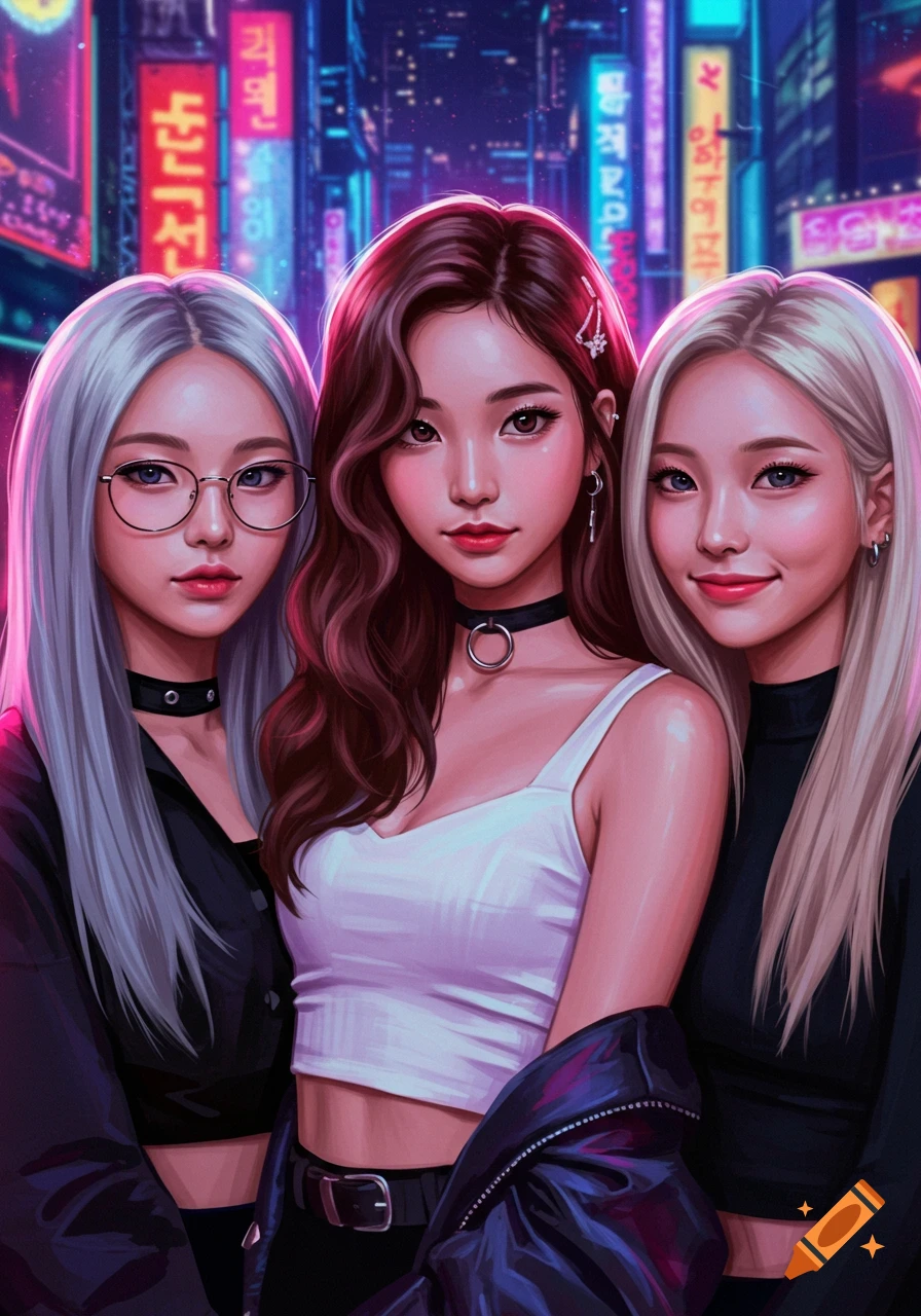Three young women in a vibrant, neon-lit city at night, in a digital art style. One has brown hair, one blonde with glasses, and another blonde.