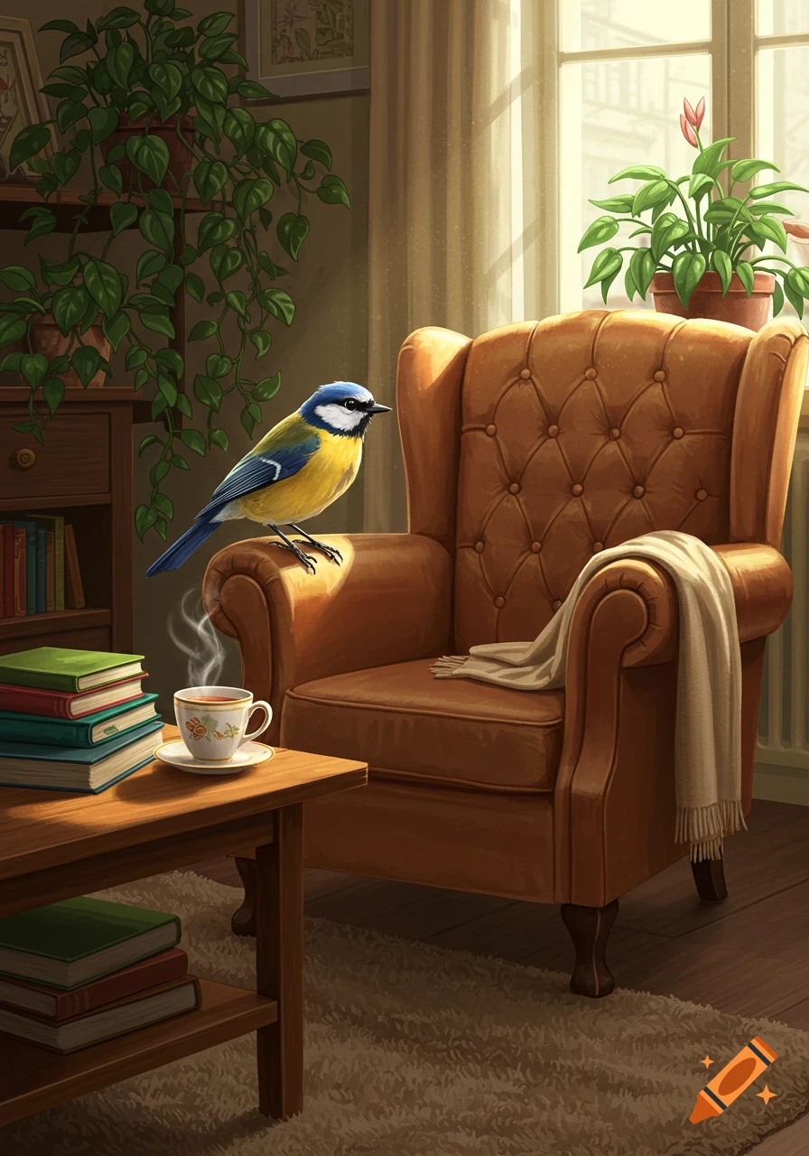 A blue tit bird perches on a brown armchair in a cozy illustrated living room with books, a teacup, and plants.