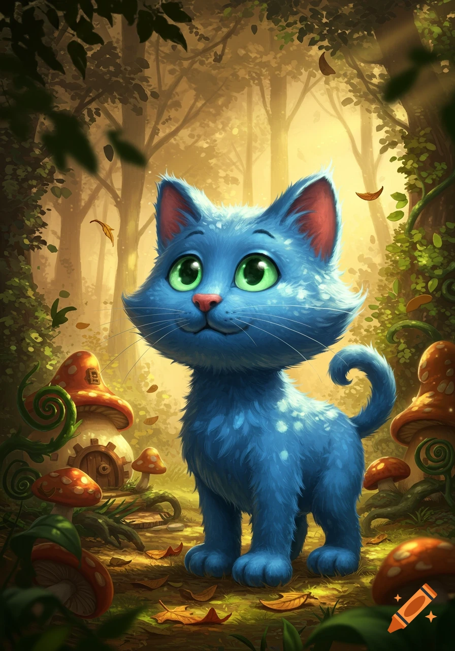 A cute, whimsical blue cat with big green eyes stands in an enchanted forest with mushroom houses and falling leaves.