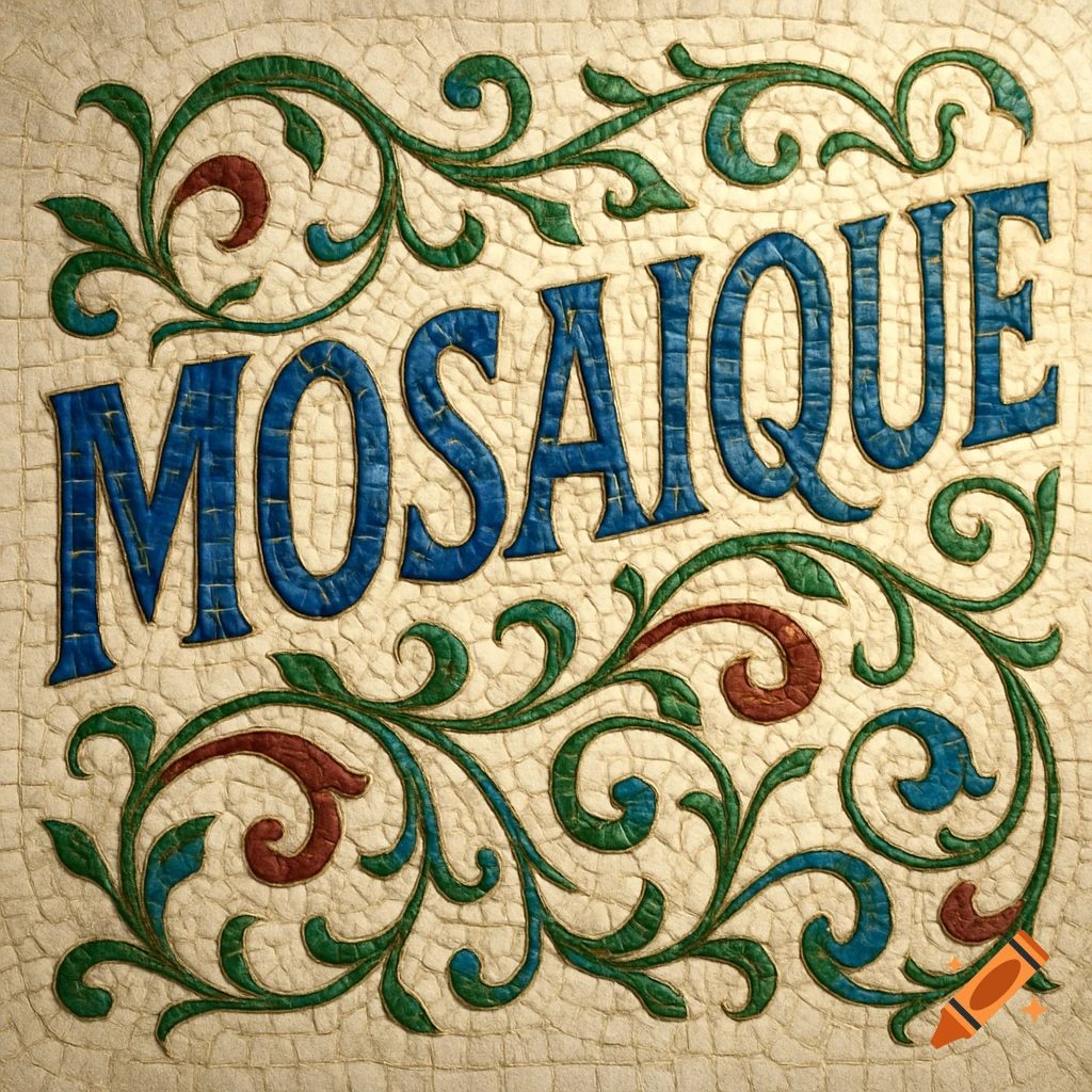 Blue mosaic letters spelling MOSAIQUE with green and red floral scrollwork on a tiled background.
