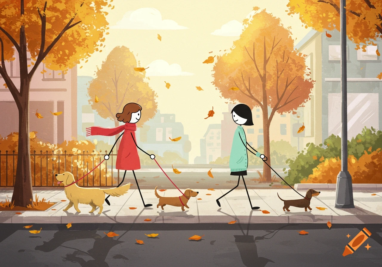 Two stick-figure-style women walk their dogs on an autumn street, surrounded by fallen leaves and golden trees. Illustration.