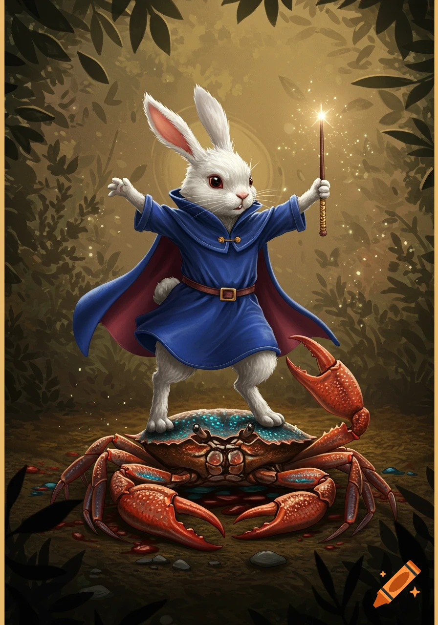 A white rabbit wizard in a blue robe stands triumphant on a large, deceased crab, holding a glowing magic wand in a forest.